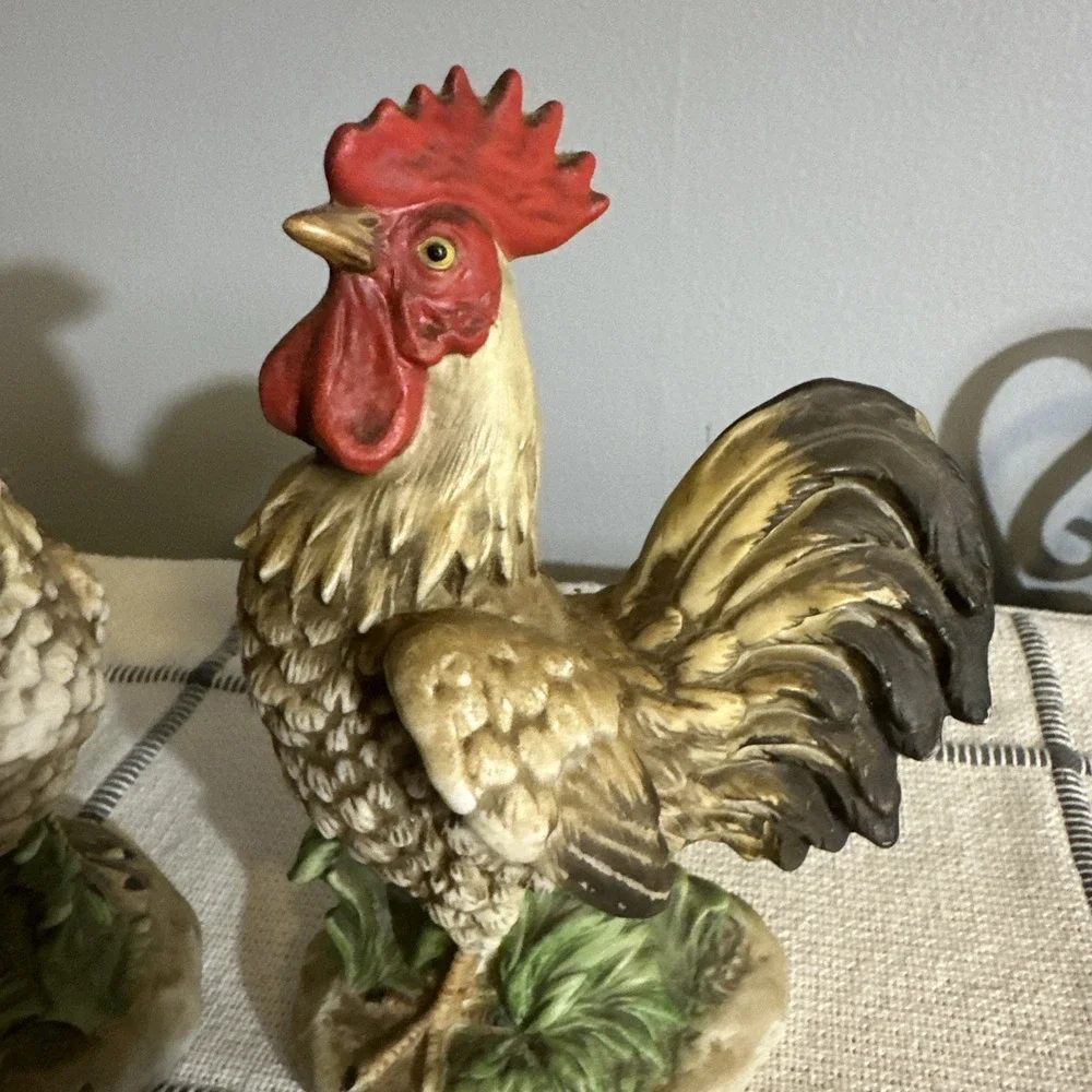 Homco Rooster and Hen Figurines Ceramic Chicken‎ Country Decor 1446 1445 Vintage